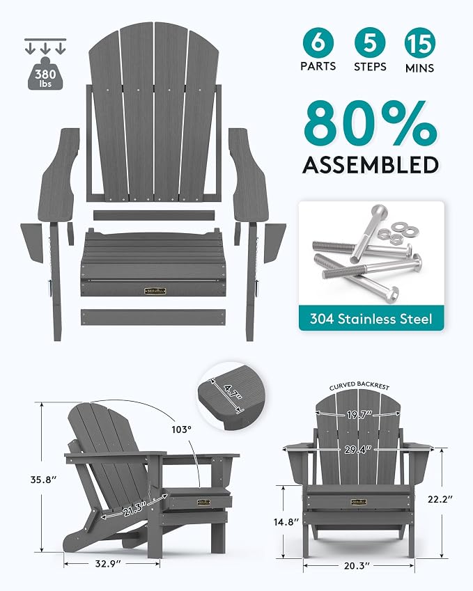 SERWALL Folding Adirondack Chair Set of 6 Weather Resistant Patio Chairs with Wood Texture Fire Pit Chairs- (Folding Gray) - Image 2
