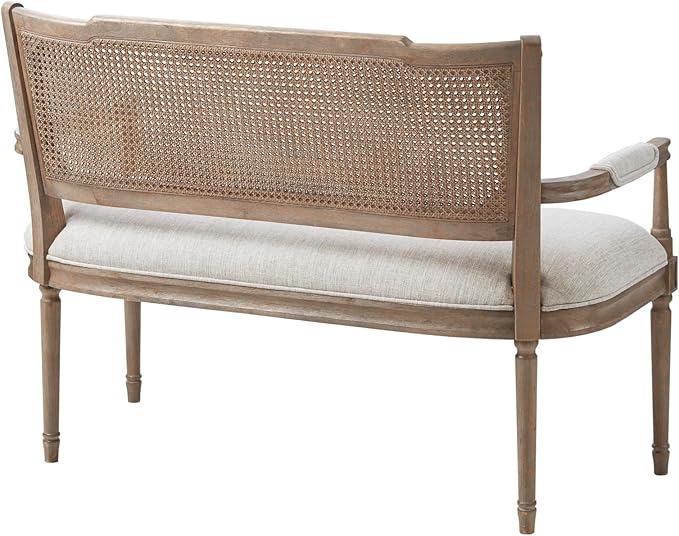 Madison Park Willshire Natural Rattan Settee, Upholstered Seat - Charming Country Design, Rustic Reclaimed Wood Finish, Ratan Insert Backrest & Padded Arm Rest, 47.25" Wide Beige/Reclaimed Natural