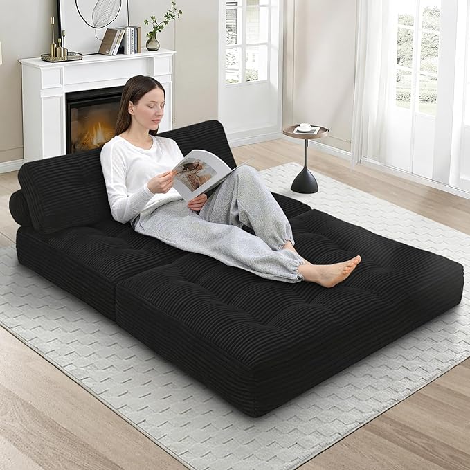 Folding Sofa Bed, Convertible Sleeper Chair with Pillow & Handle, Foldable Mattress Futon Chair Bed Lounge with Back Support, Comfy Floor Sofa for Living Room Bedroom, Black, Full