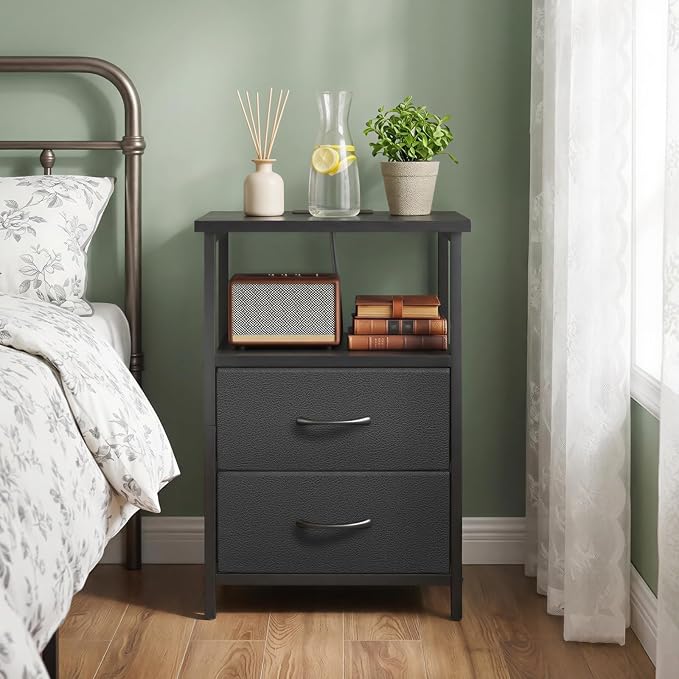 Fixwal Black Night Stand with Charger Station, Nightstand with Charging Station & Fabric Drawers - Image 5