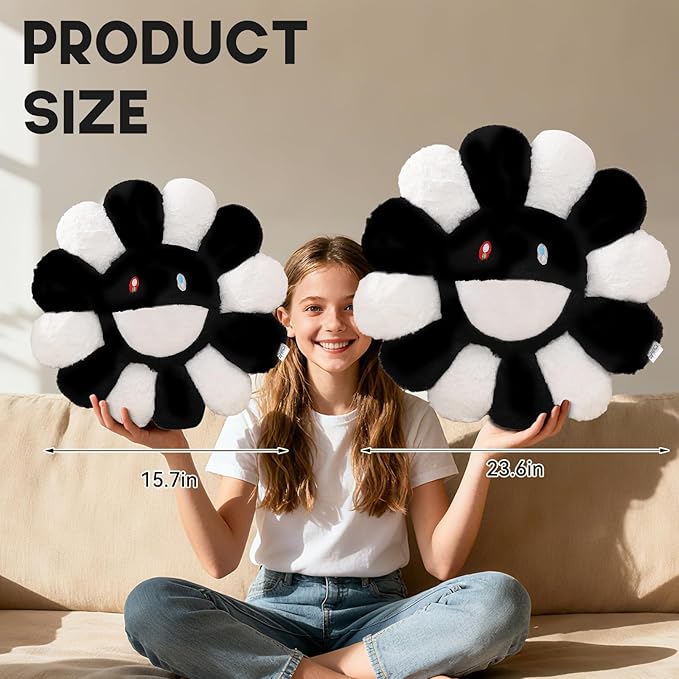 Flower Pillow,Flower Shaped Throw Pillow,Cute Smiley Face Floor Cushions,Colorful Sunflower Plush Pillows,Mothers Day Decorative Pillows for Bedroom,Sofa,Dorm (Black and White,23.6In)