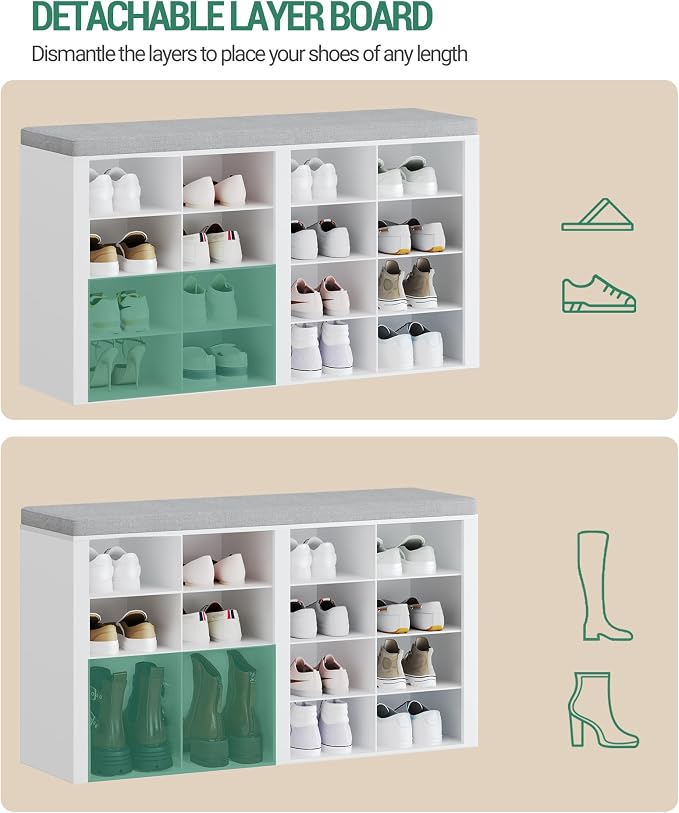 Hzuaneri Shoe Bench with Cushion, Entryway Storage Bench with 16 Cubbies, Cubby Shoe Rack with Adjustable Shelves, Shoe Organizer Cabinet for Living Room, Bedroom, Entryway, White SB25603GY - Image 5