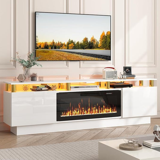 PUKAMI 70" Fireplace TV Stand with 36" Electric Fireplace, LED Light Entertainment Center with Storage, 2 Tier Modern Wood Media TV Console with Highlight Cabinet for Living Room, White and Gold by PUKAMI
