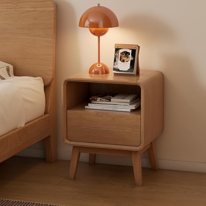 100% Solid Wood Nightstand Set of 2, Small Night Stand with Drawer and Open Shelf, Natural Wood Nightstand, Mid Century Modern Night Stand, Wooden Bedside Table for Bedroom(20.47" H) - Image 2