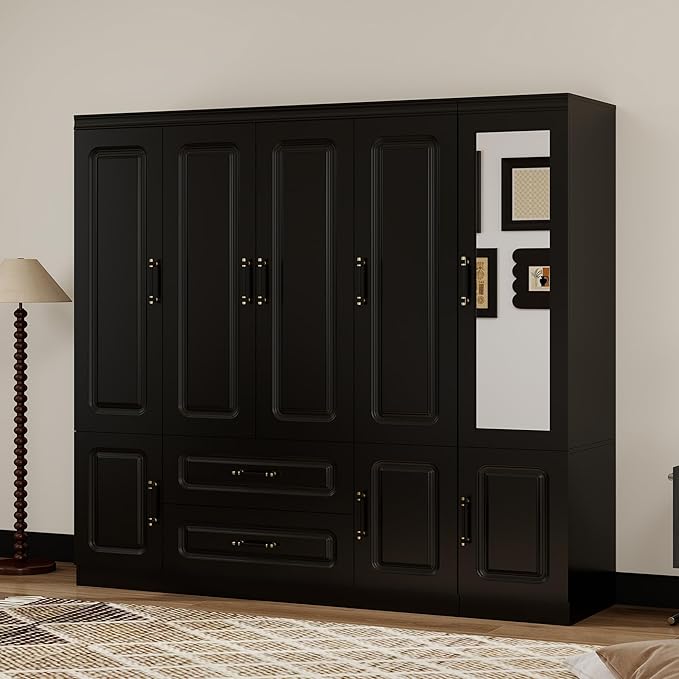 Armoire Wardrobe Closet with Mirror, Armoires and Wardrobes with 5 Doors, Large Wardrobe Closet with Hanging Rods, Wardrobe Armoire with 2 Drawers, Wardrobe Cabinet for Bedroom, Black