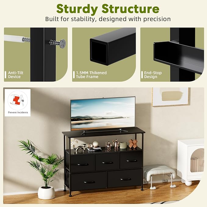 Simple Deluxe TV Stand Dresser for Bedroom Entertainment Center with 5 Fabric Drawers, Storage Organizers Units for Living Room, Media Console Table with Open Shelf up for 45" TV, Black, Wood top