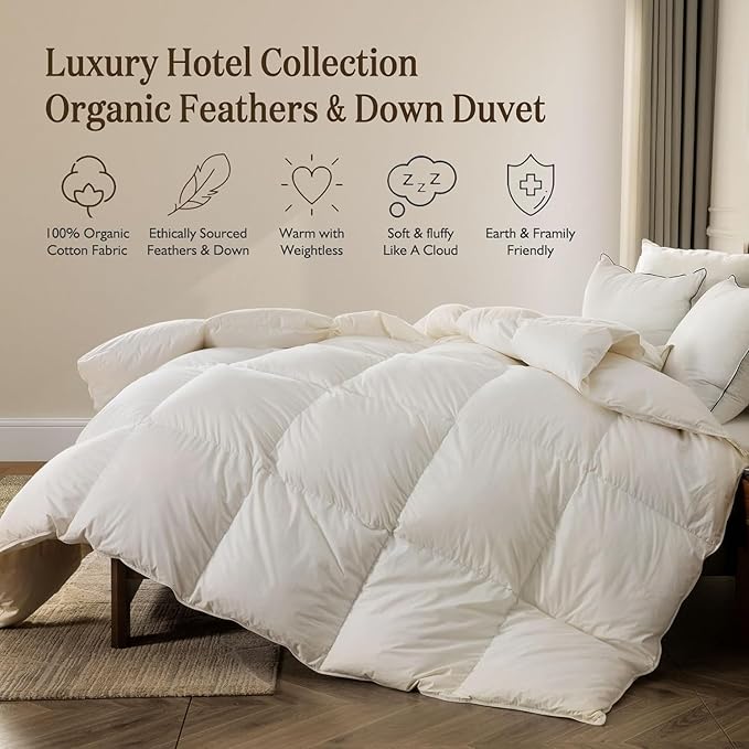 BPC Lightweight Organic Feather Down Comforter Super King, Hotel-Luxury Fluffy Duvet Insert with Cotton Cover and Puffy Feather Down Filling, for Summer/Hot Sleepers, Ivory White, 120x120 Inches