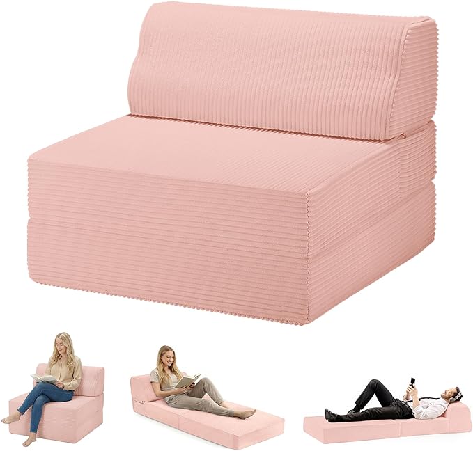 Folding Sofa Bed with Pillow, Memory Foam Fold Out Chair Bed, Convertible Sleeper Chair with Washable Cover, Futon Floor Couch for Living Room/Dorm/Guest Use/Home Office/Apartment,Pink