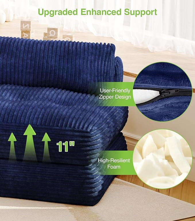 Plush Corduroy Folding Sofa Bed, Free Setup Floor Beds, 34" Boneless Couch for Small Spaces, Corner Chair, Convertible Sleeper Chair, Corner Couch, Foldable Sleeper Sofa Beds, Blue