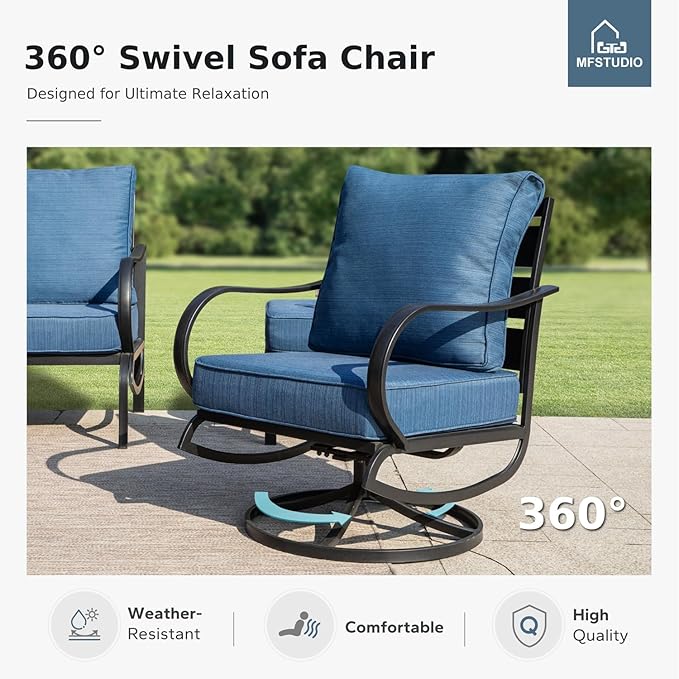 MFSTUDIO 6 Pieces Metal Patio Furniture Sets, 2 Swivel Chair, 1 Deep Seating 3-Seat Sofa, 2 Ottoman & 1 Marbling Coffee Table, All Weather 7 Seats Outdoor Conversation Set for Garden, Peacock Blue