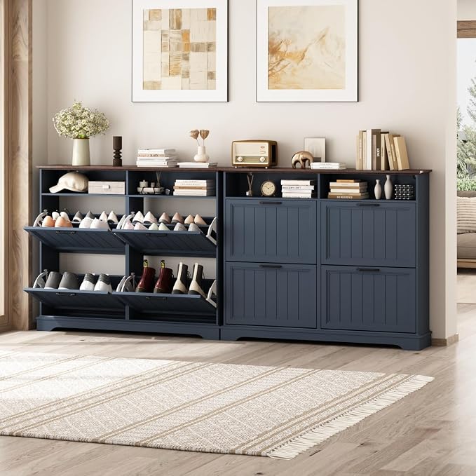 Shoe Storage Cabinet with 4 Flip Drawers, Farmhouse Modern Hidden Shoes Rack Cabinet with Adjustable Shelves & Open Storage, Narrow Slim Shoe Organizer for Front Door Entrance, Entryway, Navy Blue - Image 6