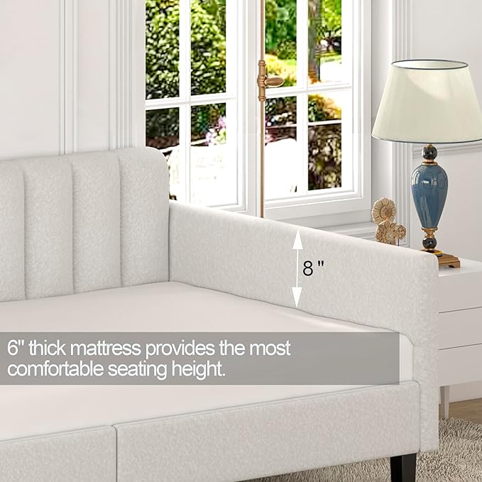 Christopher Knight Home Elena Twin Size Upholstered Daybed, Futon Sofa Bed Ribbed Tufted Backrest Lavish Modern Design, Couch Bed Frame for Bedroom Living Room Guest Room Apartment, Ivory Boucle