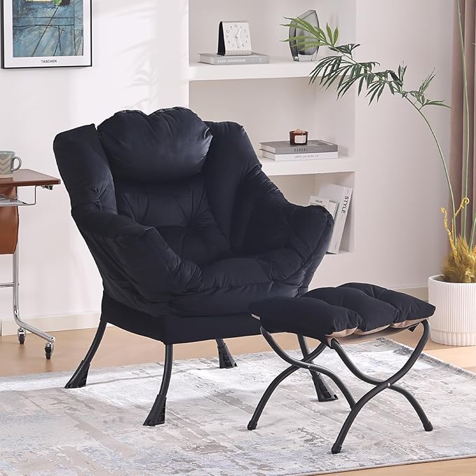 MBOOYOME Lazy Chair with Folding Ottoman, Modern Accent Lounge Armchair with Armrests, a Side Pocket & Foldable Footstool, Leisure Reading Chair for Living Room, Bedroom, Dorm & Office, Velvet Black