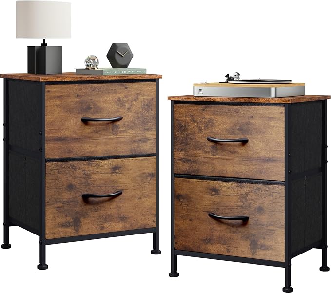 WLIVE Night Stand Set of 2, Small Dresser with 2 Drawers & Wooden Top, Nightstand with Fabric Bins, Bedside Table End Table for Bedroom, Closet, Entryway, College Dorm, Rustic Brown by WLIVE