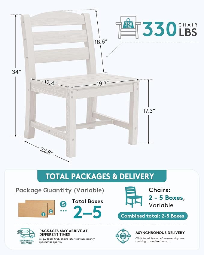 SERWALL Outdoor Armless Dining Chairs Set of 2, All-Weather HDPE Patio Chair with 19.7" Widened Seat, for Backyard, Garden, White - Image 2