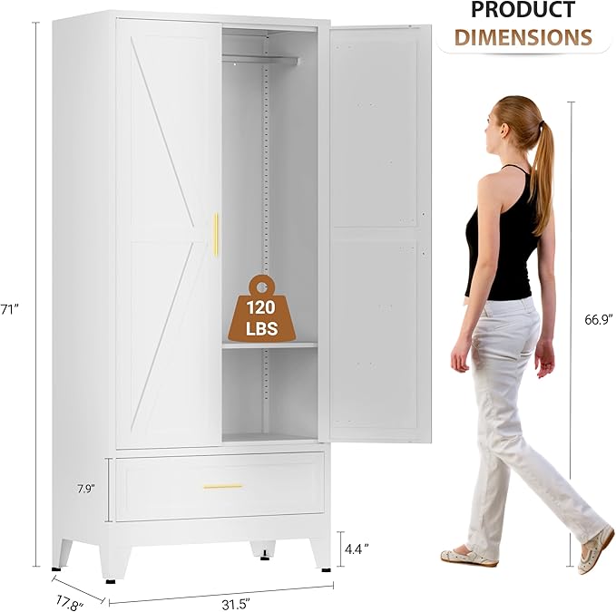 Metal Armoire Wardrobe Closet with 1 Drawer, 71" Wardrobe Cabinet with 1 Adjustable Shelf & 1 Hanging Rod for Bedroom, White Metal Closet Storage Cabinet with 2 Doors & Drawers