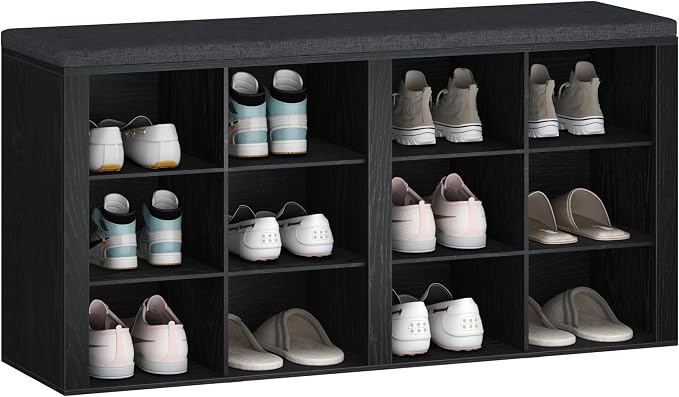Hzuaneri Shoe Bench with Cushion, Entryway Storage Bench with 12 Cubbies, Cubby Shoe Rack with Adjustable Shelves, Shoe Organizer Cabinet for Living Room, Bedroom, Entryway, Black SB19004GY by Hzuaneri