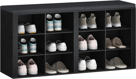 Hzuaneri Shoe Bench with Cushion, Entryway Storage Bench with 12 Cubbies, Cubby Shoe Rack with Adjustable Shelves, Shoe Organizer Cabinet for Living Room, Bedroom, Entryway, Black SB19004GY by Hzuaneri
