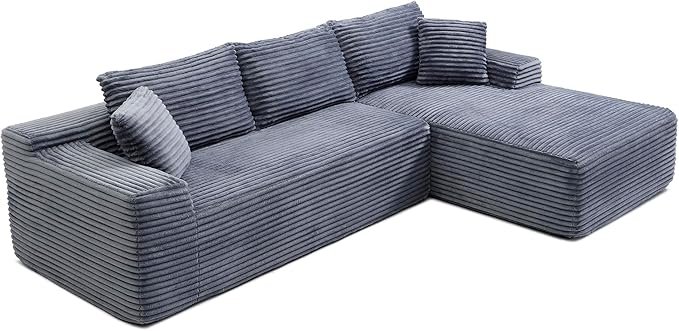 105-Inch L-Shaped Right Facing Corner Compressed Sofa Modular Sectional Boneless Cloud Sofa Floor Foam Couch with Chaise Lounge, Corduroy Corner Boneless Cloud Couch