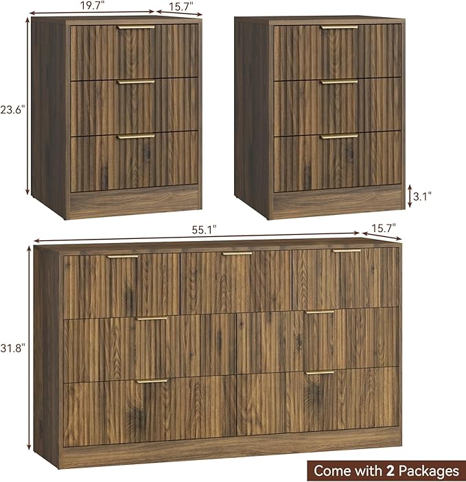 7 Drawer Dresser & Nightstand Set, 3-Piece Fluted Bedroom Dresser and Night Stand Set of 2 with Metal Handle, Modern Wood Chest of Drawers Storage Dressers Set for Bedroom, Walnut