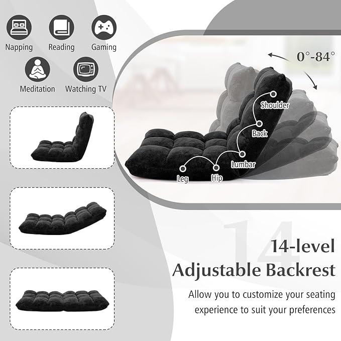 14-Position Floor Sofa, Folding Gaming Sofa Chair, Comfy Cushions & Study Steel Frame, Angle Adjustable Sleeper Bed, Couch Recliner (Black)