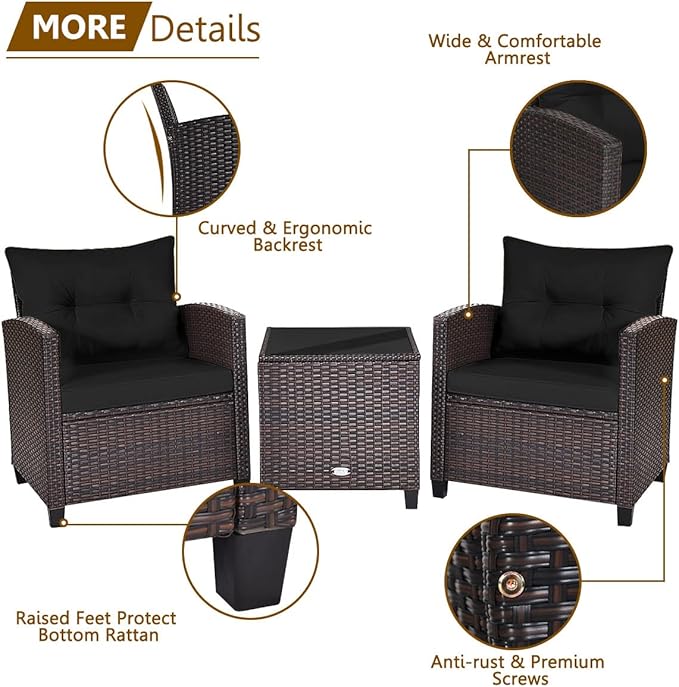 RELAX4LIFE 3 Piece Patio Furniture Set, Wicker Bistro Conversation Set w/ 2 Cushioned Armchairs & Glass Topped Table, Outdoor Rattan Sofa Set Patio Furniture for Porch Balcony Poolside (Black)
