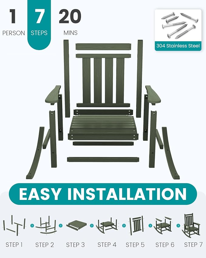 SERWALL Oversized Outdoor Rocking Chair Set of 2, HDPE Rocker for Adults, Patio Rocking Chairs for Porch, Avocado Green - Image 7