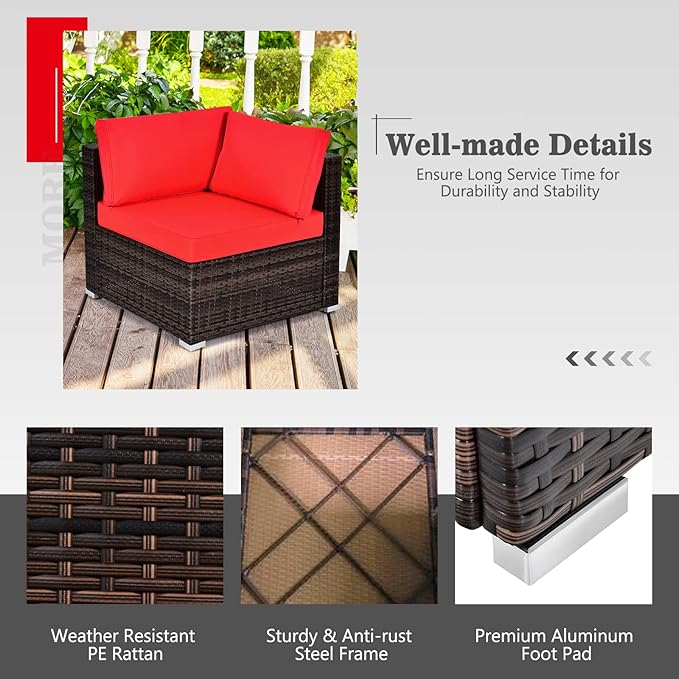 Tangkula 6 Pieces Patio Furniture Set, Outdoor Wicker Conversation Set with Glass Coffee Table, Wicker Sofa Set with Cushions, Rattan Sectional Conversation Set for Backyard Garden Poolside, Red