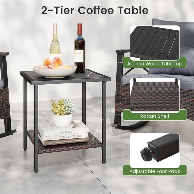 Tangkula 3 Pieces Outdoor Rocking Chairs Set, Rattan Heavy Duty Cushioned Rocker Chairs with 2-Tier Tempered Glass Coffee Table, for Garden, Balcony, Backyard (Gray) - Image 9