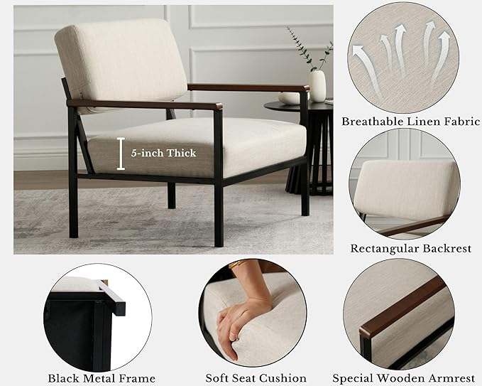 LIVINOVA Mid Century Modern Accent Chair Set of 1, Beige Linen Upholstered Armchair with Black Metal Frame, Comfortable Lounge Reading Chair for Living Room, Bedroom, Office Reception