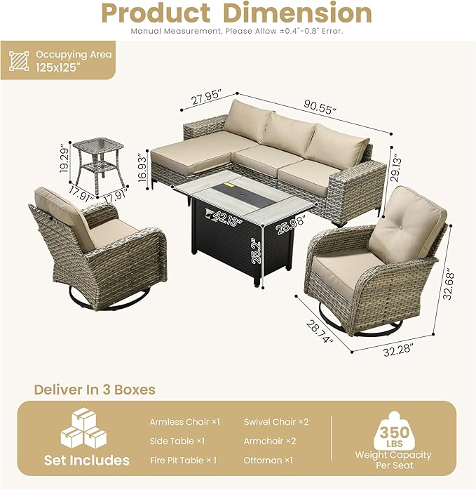 HOOOWOOO Outdoor Sectional Furniture Set with Fire Pit Table,8 Pieces Wicker Patio Conversation Sets,L Shape All Weather Outside Couch Sofa Set with Swivel Chairs Side Table Ottoman,Beige