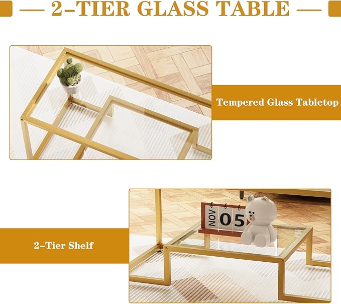 Coffee Table Gold Glass Coffee Table for Living Room,2 Tiers Rectangle Center Table with Sturdy Metal Frame,Modern Tempered Glass Accent Table for Bedroom Home Office