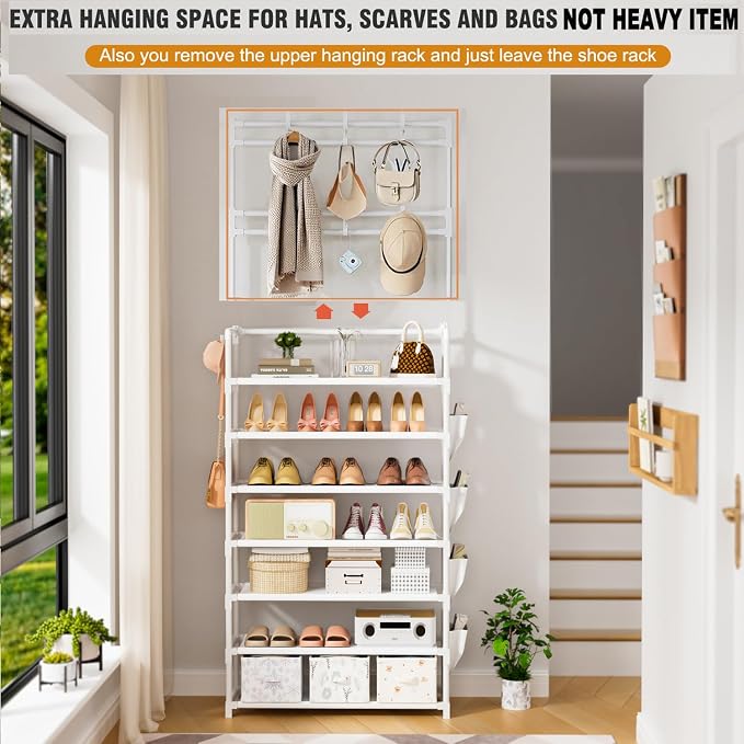OYREL Shoe Rack 7 Tier Shoe Organizer Storage 21-28 Pairs Closet Shoes Rack for Front Door Entrance Shoe Rack Organizer with Hooks Side Pocket Entryway Large Capacity Shoe Shelf Tower Garage - Image 4