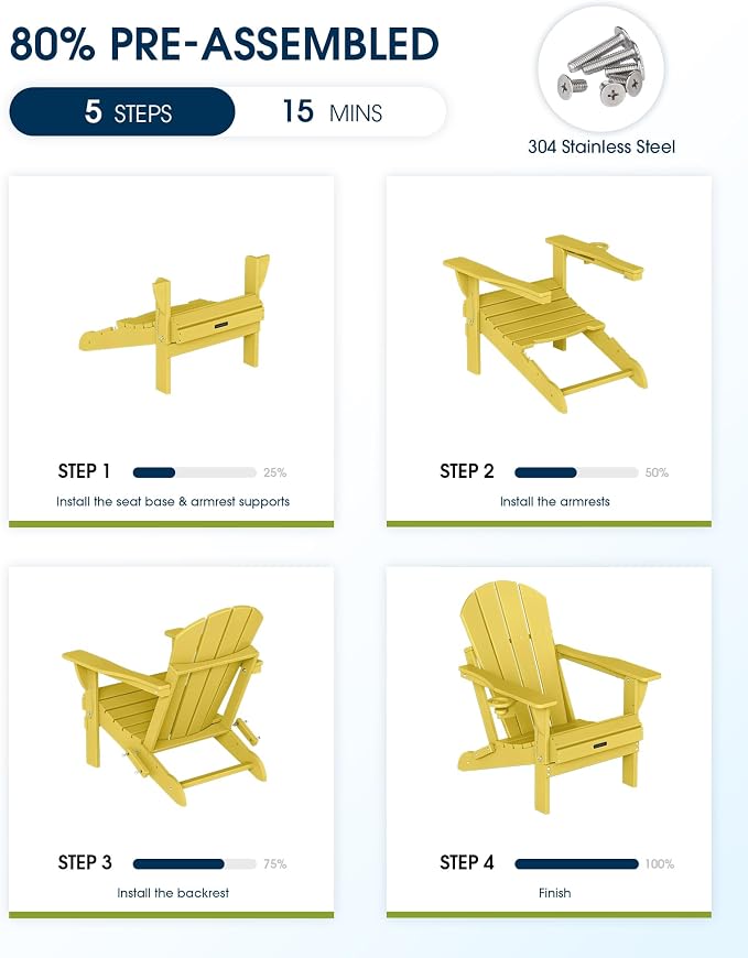 MUCHENGHY Folding Adirondack Chairs, Patio Chairs, Lawn Chairs, Outdoor Chair, Adirondack Chair Plastic, Fire Pit, Weather Resistant with Cup Holder for Deck, Backyard, Garden(Olive Yellow) - Image 5