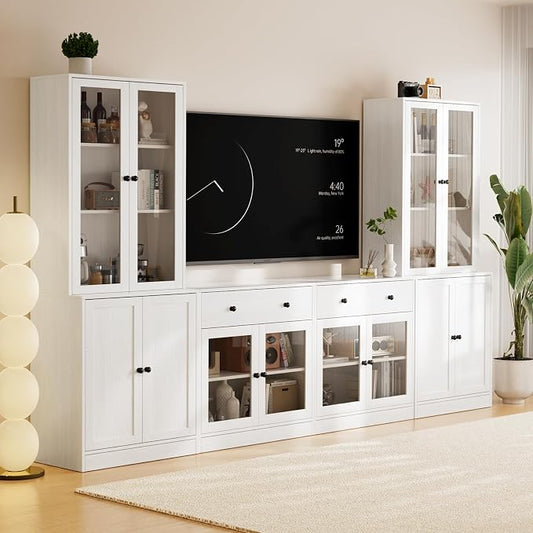 TUSY 71" TV Stand Storage Set - 2 Tall Bookcases & 2 Side Cabinets, Media Console with Glass & Wood Doors, Entertainment Center with Drawers, Tall Media Console for Living Room (White, AFFA) by TUSY