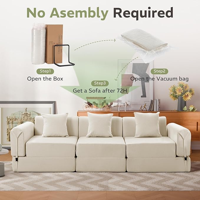 100" Convertible Sleeper Sofa Bed, Oversized Modular Sectional Cloud Sofa with Fixed-Shape Frame & Tabletop, Boneless Couch with Storage Pocket for Living Room, No Assembly Required, Beige