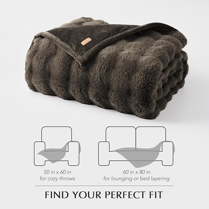 EverGrace Ultra Soft Luxury Fluffy Faux Rabbit Fur Throw Blanket, Thick Warm Bubble Throw for Bed, Cozy Plush Reversible Blankets for Couch, Chair, Sofa, Dark Taupe, 60x80 Inches