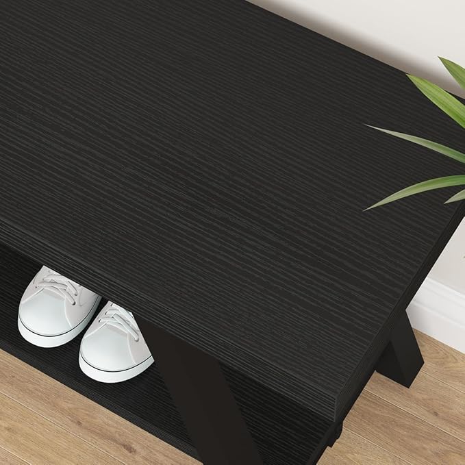 LVB Black Bench, Modern Storage Bench for Bedroom, Wood Metal Entryway Bench for Hallway Dining Living Room, Famrhouse Shoe Rack Indoor Accent Seating Benchs for Foyer Entrance, Black Oak 47 Inch Long - Image 4