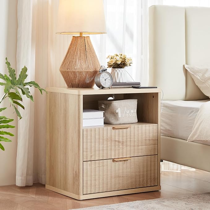 LEYAOYAO Fluted Nightstand with Charging Station, 23" Wide 2 Drawers End Table, Natural Night Stand with Open Storage Cabinet, Farmhouse Bed Side Tables, Wood Dresser for Bedroom, Living Room, Closet - Image 9