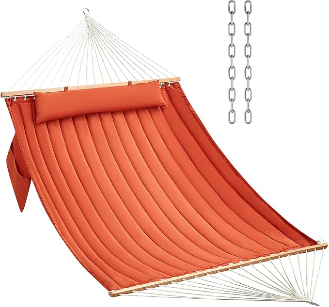 CHULIM Double Quilted Fabric Hammock with Hardwood Spreader Bars and Pillow 450 LBS Capacity 2 Person Large Hammock for Outdoor Patio Backyard Poolside - Terracotta by CHULIM