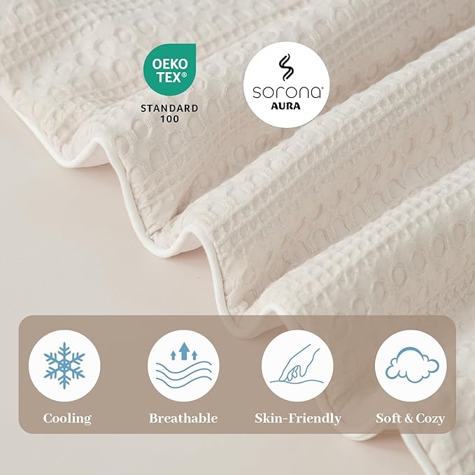 Amélie Home Waffle Cooling Comforter Queen Size, Q-Max 0.45 Reversible Lightweight Cooling Blanket for Hot Sleepers, Breathable Bedding for Night Sweats, 90"x90", Beige