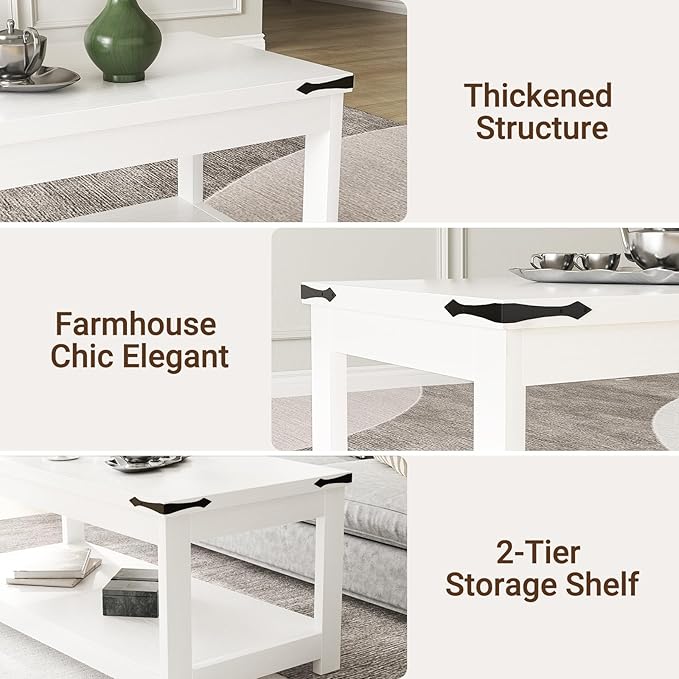 Homieasy 43.3” Rectangular Coffee Table with Storage Shelf, Farmhouse Wood Center Table for Living Room, Modern Black Tea Table with Open Shelf, White