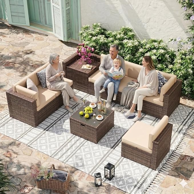 Aoxun 8 Piece Patio Furniture Set, Wicker Outdoor Furniture Set with Storage Box, Patio Sectional Set with Thickened Cushions, Waterproof Cover and 25.6" Coffee Table (Brown& Khaki)