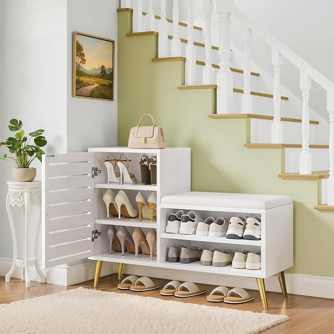 VECELO Shoe Storage Bench with Door&Shelf, Entryway Bench with Seat Cushion, for Hallway, Bedroom, Living Room, L-Shaped, White - Image 7