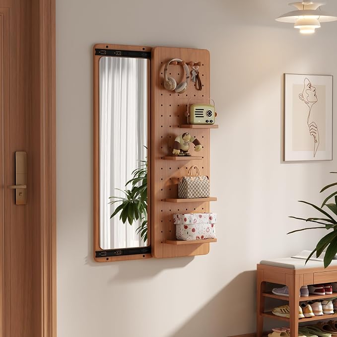KungFuWood Full Length Mirror with Shelf and Hooks,Entry Way Mirrors for Wall,Wall Mirror with Shelf,Wall Mirror with Storage Multifunctional Design Panel,Living Room - Image 8