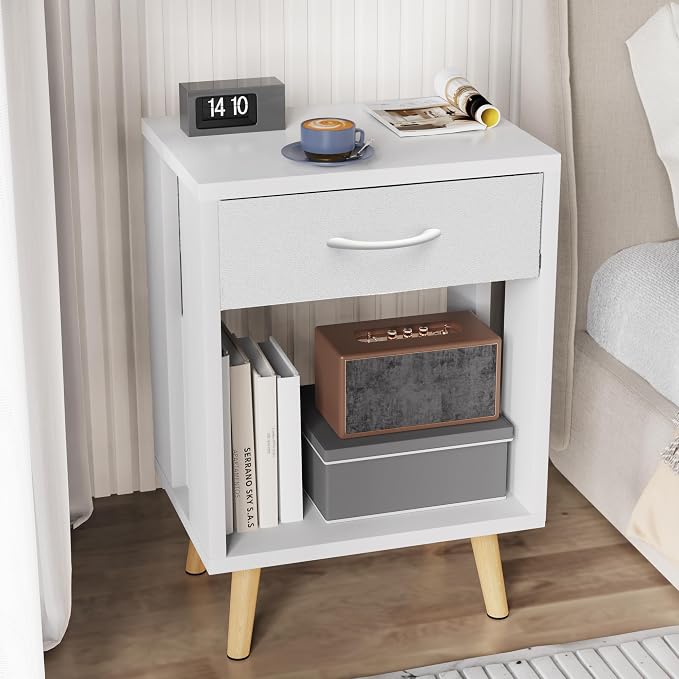 GYIIYUO Nightstands Set of 2 with Fabric Storage Drawer and Open Wood Shelf, Side Table with Storage for Bedroom, Night Stand with Drawer for Bedroom, Bedside Tables - White 24" H - Image 8