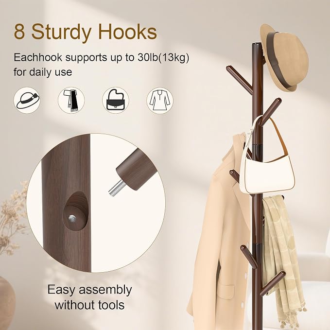 Coat Rack Freestanding with Stable Square Base, Entryway Furniture with 3 Adjustable Sizes and 8 Hooks, Used in Bedroom, Office and Hallway, Brown - Image 5