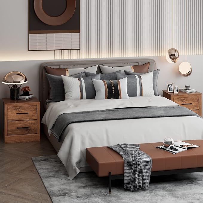 Giantex Farmhouse Nightstand, Wood Bedside Table with 2 Storage Drawers, Compact Floor Night Stand End Table, Walnut Accent Sofa Side Table for Bedroom - Image 8