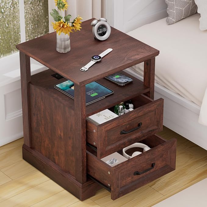 HOMMPA 18'' Farmhouse Nightstand with Charging Station, Bedside Tables with Open Shelf, 2 Drawers End Table Dresser Side Table, Wood Night Stand for Bedroom, Maroon Brown by Hommpa