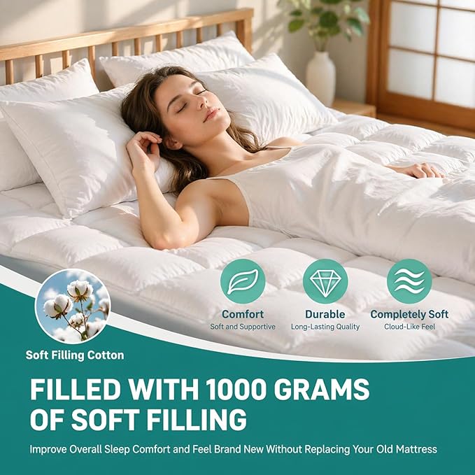 Premium Quilted 1000GSM Luxury Extra Thick Mattress Topper, King Size Cooling Mattress Pad, Overfilled Plush, Cloud-Like Comfort, Breathable, 8-21" Deep Pocket (Gray, California King)
